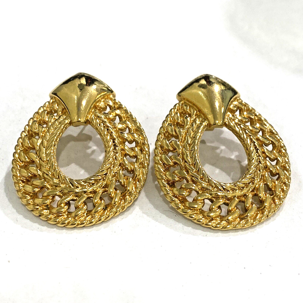 Vintage Avon Goldtone Pierced Earrings Chunky Filigree Chain Career Teardrop